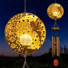 Tryme Solar Wind Chimes Outdoor Fairy Hanging Lights with 4 Aluminum Tubes, M...