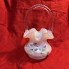 Fenton Hand Painted Signed D.Capliner Pink  Floral Design Ruff Top Glass Basket