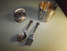 Vintage Baby Silver Plate Cup, Spoon, Fork  Rattler Cup is Engraved 