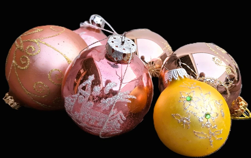6 Christbaumkugeln Weihnachtskugeln Glas Glitzerornamente edel 8, 7, 5cm vintage - Bild 2 von 4