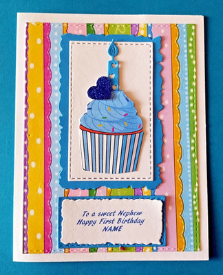 Personalized Cupcake  Birthday Card for 1, 2 or 3 Year Old Boy with Verse Inside