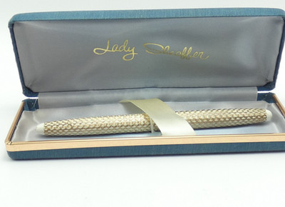 Vintage Lady Sheaffer V Paisley weiß Füllfederhalter, feine Stahlfeder, um 1960, Box