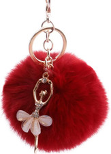 Faux Fox Fur Pom Pom Ball Keychain with Ballet Dancer Charm Fluffy Ball Key Chai