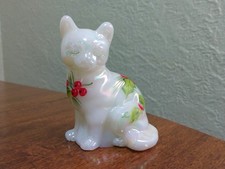 Vintage Fenton White Opalescent Cat Hand Painted Red Holly Berries Leaves Signed