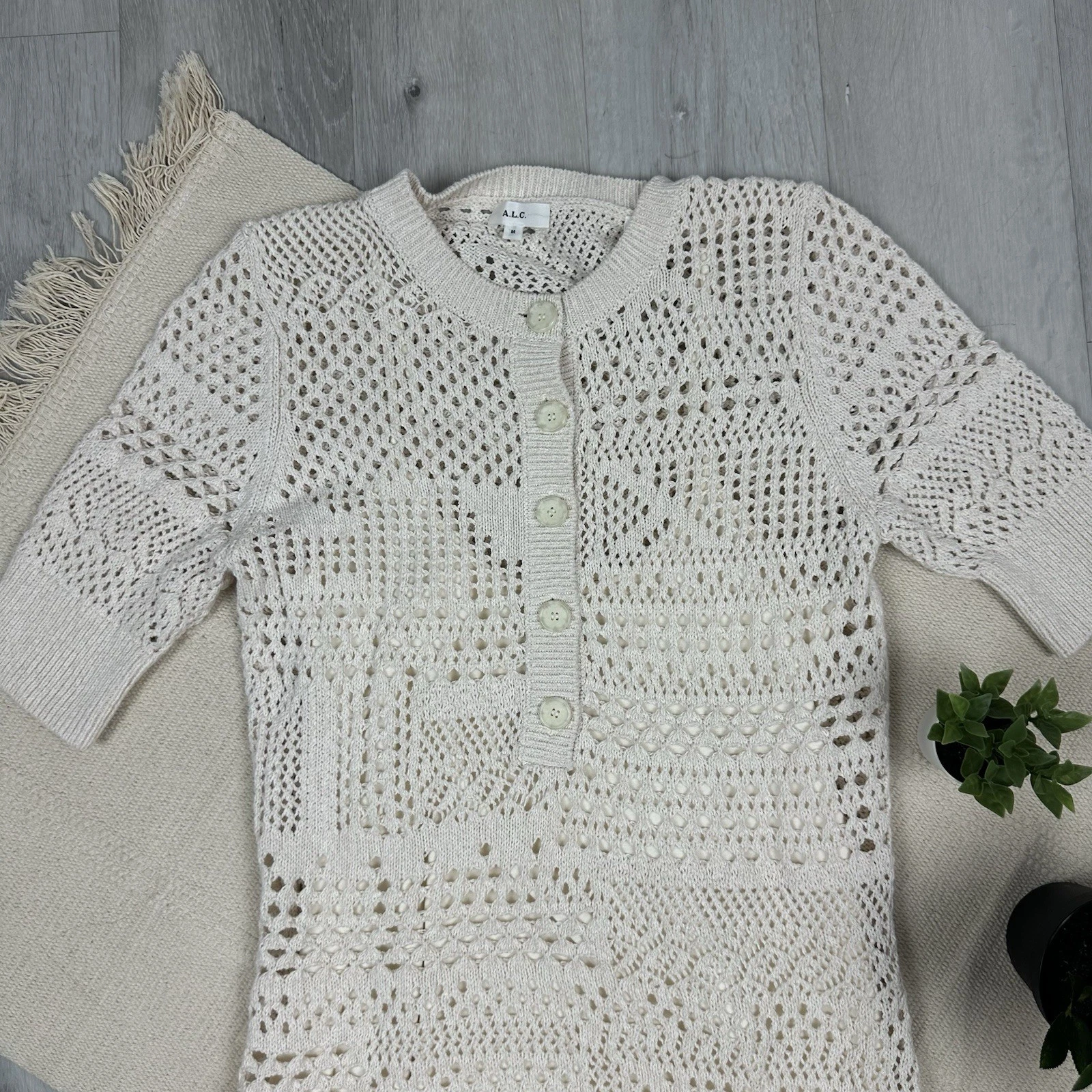 OFF WHITE A.L.C. Corinne Mini Abito Maglia Uncinetto Taglia M Off Bianco Panna Avorio LEGGI