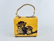 Vintage Decoupage Gold Wooden Purse Handbag Big Eyed Owls MCM Retro