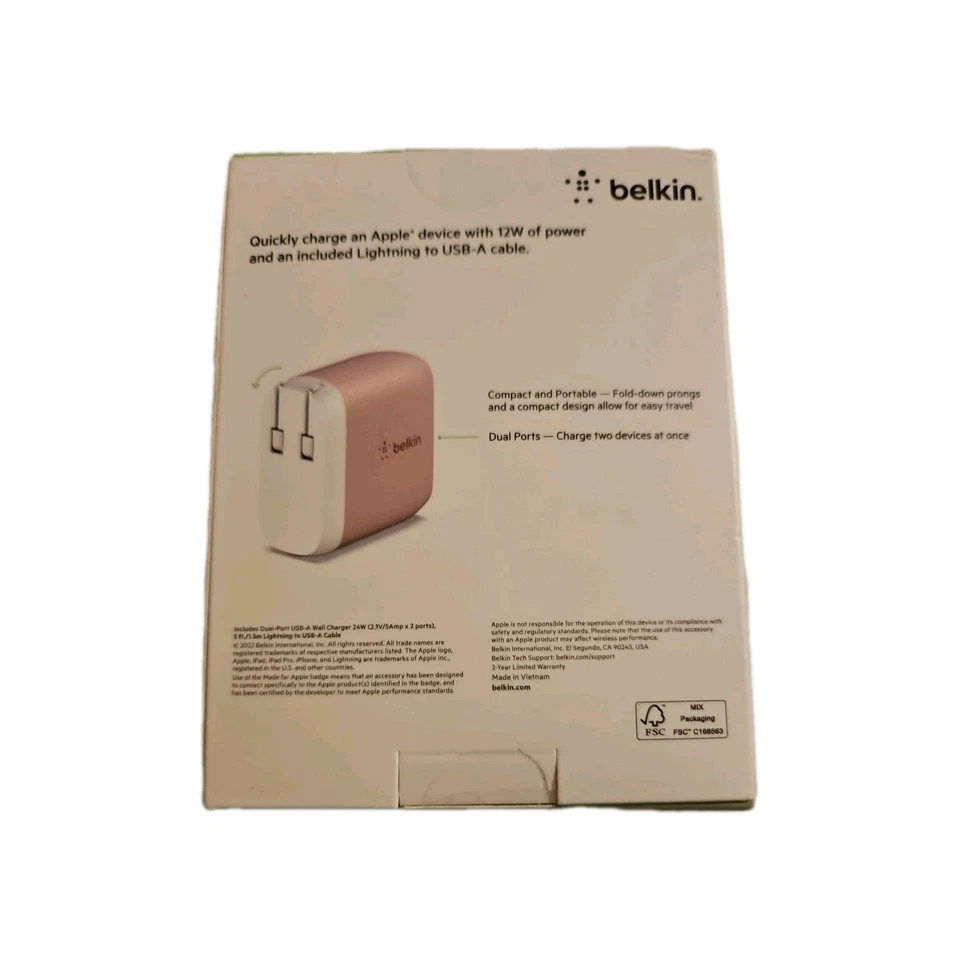 Cargador de pared USB de doble puerto Belkin BoostCharge 24 W + cable Apple MFI 5 PIES - Rosa™ Foto 2 de 4