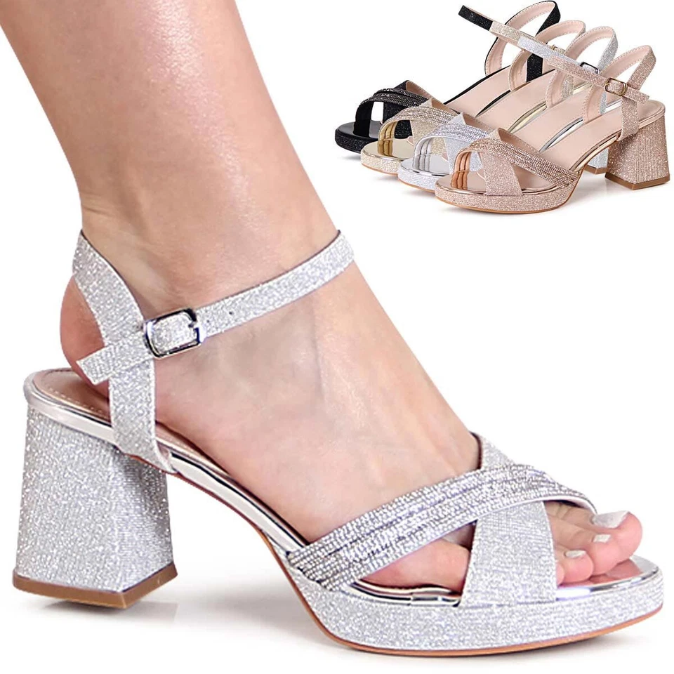 MARKENLOS Damen Glitzer Sandaletten Riemchen Pumps Sandalen High Heels Peep Toe