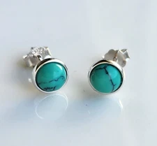 925 Sterling Silver Navajo Natural Blue 5.8mm Turquoise Bezel Stud Earrings