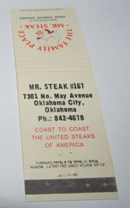 Matches Matchbook Cover Mr. Steak The Family Place Restaurant Oklahoma City, OK