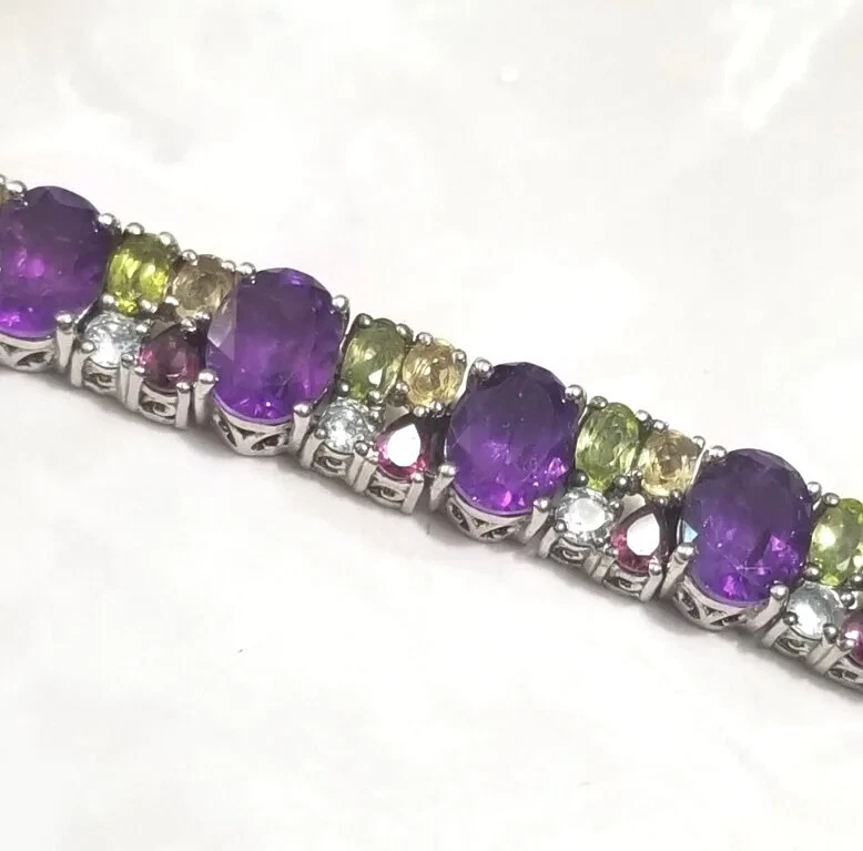 Chuck Clemency NYCII multi gemstone-sterling silver wide Bracelet purple green - Image 3 of 4