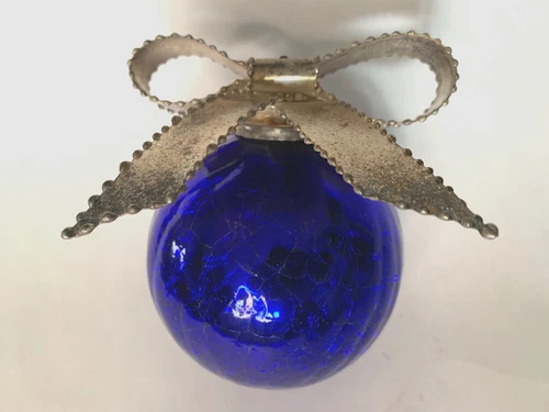 Kugel 4"D Cobalt Blue Ball Christmas Ornament Crackle Mercury Glass w/ Metal Bow