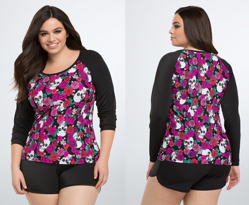Torrid Floral Skull Swim Top Size 1X Rash Guard T-Shirt Whimsigoth Rockabilly - Bild 4 von 9