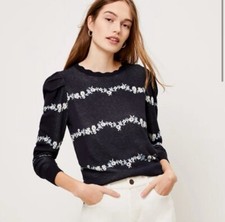 NWT LOFT Women's Floral Puff Sleeve Sweater - Navy - Size X Small