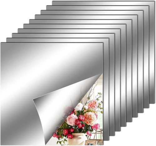 10 Pieces Flexible Mirror Sheets, Self Adhesive Decorative Plastic Mirror Tiles