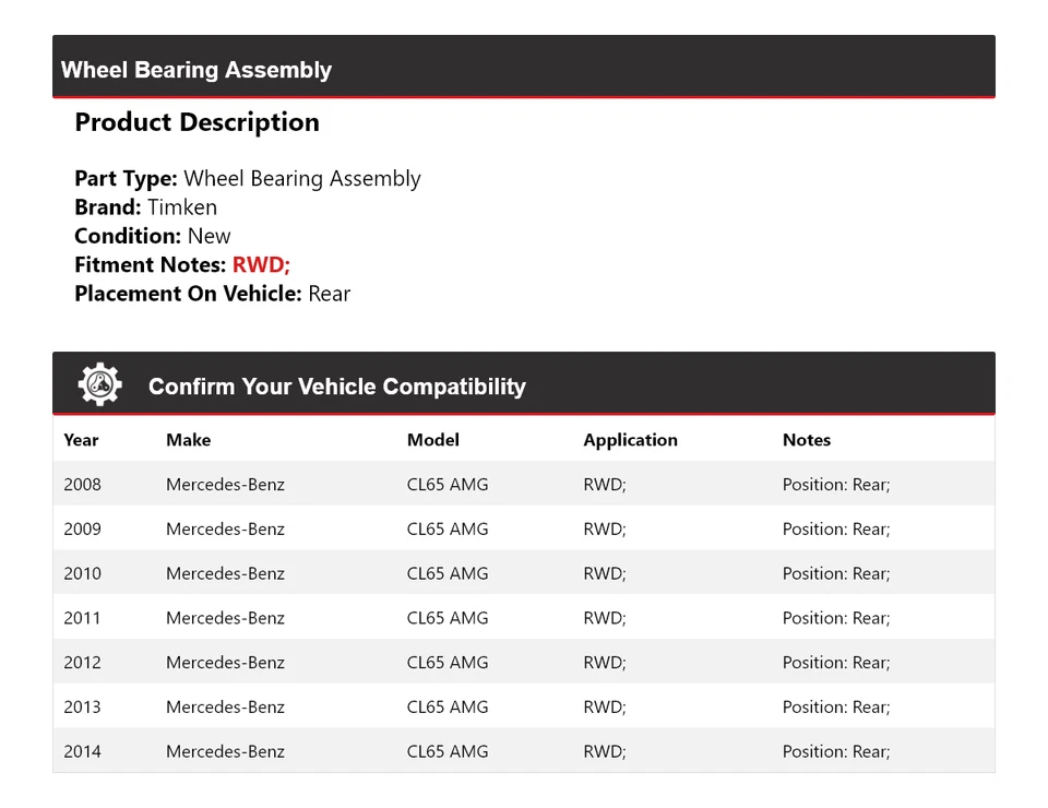 Conjunto de cojinete de rueda trasero Timken 2009 para Mercedes-Benz CL65 AMG 2008-2014 tracción trasera Foto 2 de 4