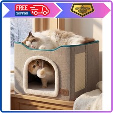 Bedsure Cat House Bed for Indoor Cats with Fluffy Ball and Scratch Pad,Grey