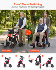 2-in-1 Rollator Walker Transport Chair Foldable Mobility Aid 300lb