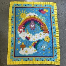 Vintage Care Bears Rainbow Trail Baby Quilt Blanket Satin Trim Rainbows Sun Star
