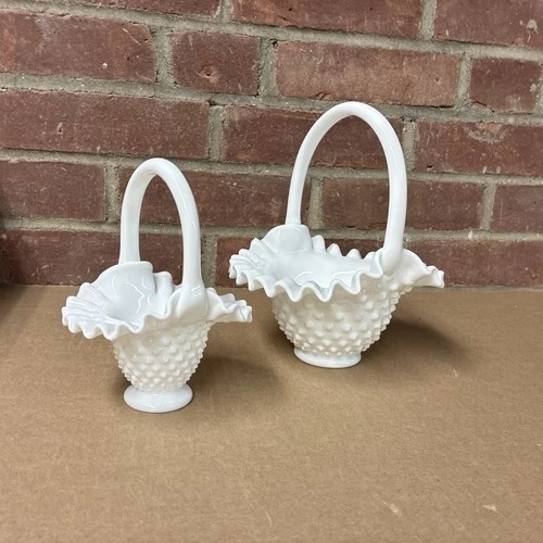 Vintage Fenton Hobnail Milk Glass Basket Lot Ruffled Edge