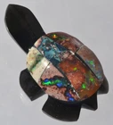 MEXICAN BLACK OBSIDIAN TURTLE MULTI-COLOR MOSAIC FIRE OPAL SHELL STONE CARVING