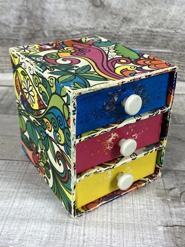 Vintage 60s 70s 3 Drawer Trinket Jewelry Box - Mod Flower Pattern