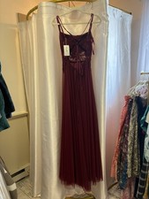 Windsor Long Burgundy Prom Dress With Lace Detail