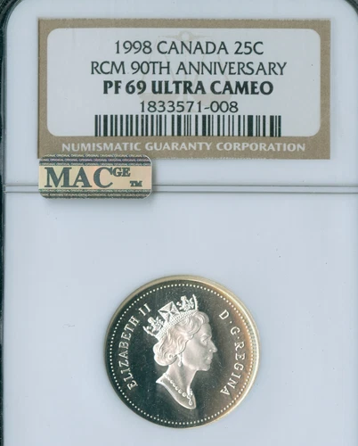 1998 CANADA 90TH SILVER 25 CENTS NGC PF69 UCam MAC SPOTLESS  *