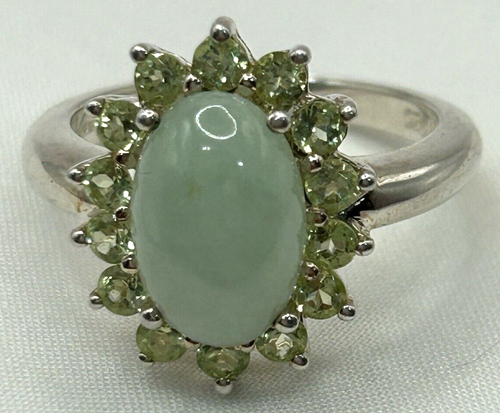 Sterling Silver Jadeite & Peridot Cabochon Ring Size 8.25