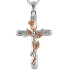 Fashion Rose Golden Floral Flower Cross Pendant Necklace Gift Women Silver Color - Picture 2 of 5