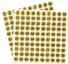 1000 PCS Gold 1 Inch Vinyl Round Number Stickers 1-100 Consecutive Labels