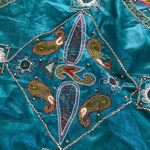 Beaded Embroidered Silk Scarf Dupatta Ornate Cloth 89x40 Turquoise Blue Vtg Long - Picture 8 of 12