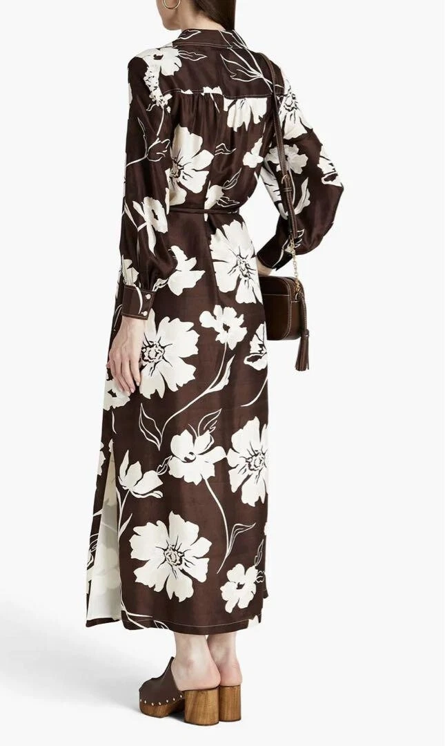Abito lungo TORY BURCH maniche lunghe marrone motivo floreale 100% seta taglia: S P