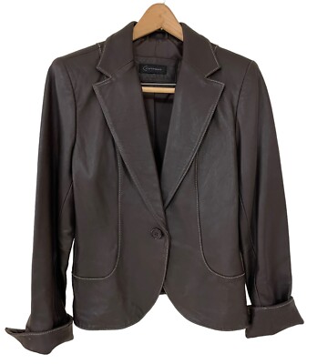 Context Womens Brown Leather Jacket Contrast Stitch Y2K Classic Career School 10