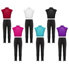 Kids Girls Figure Skating Outfit Yoga Dancewear Athletic Shiny Sport Suit Jazz