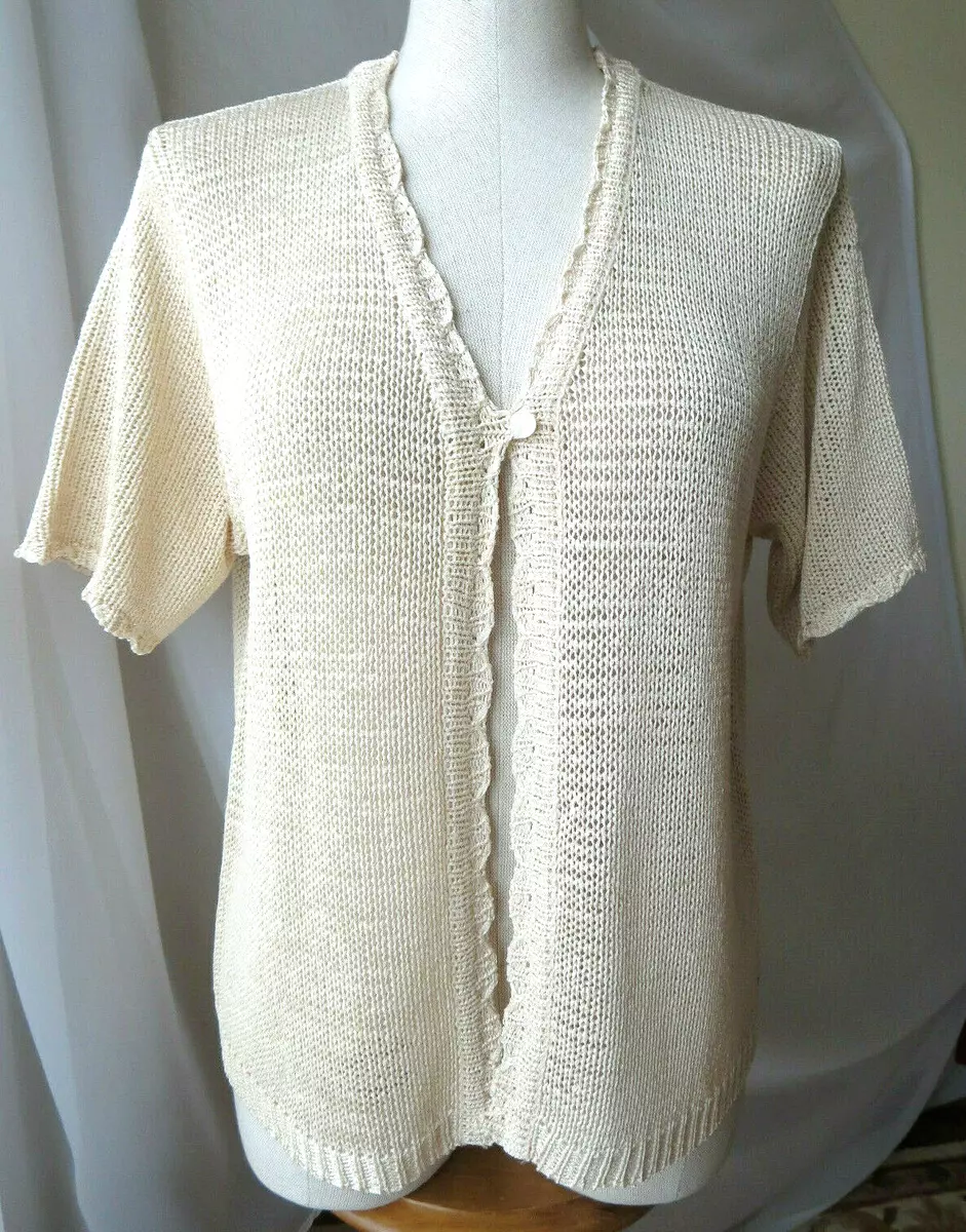 SAG HARBOR CARDIGAN SHORT SLEEVE OPEN FRONT IVORY V-NECK SWEATER LARGE TOP