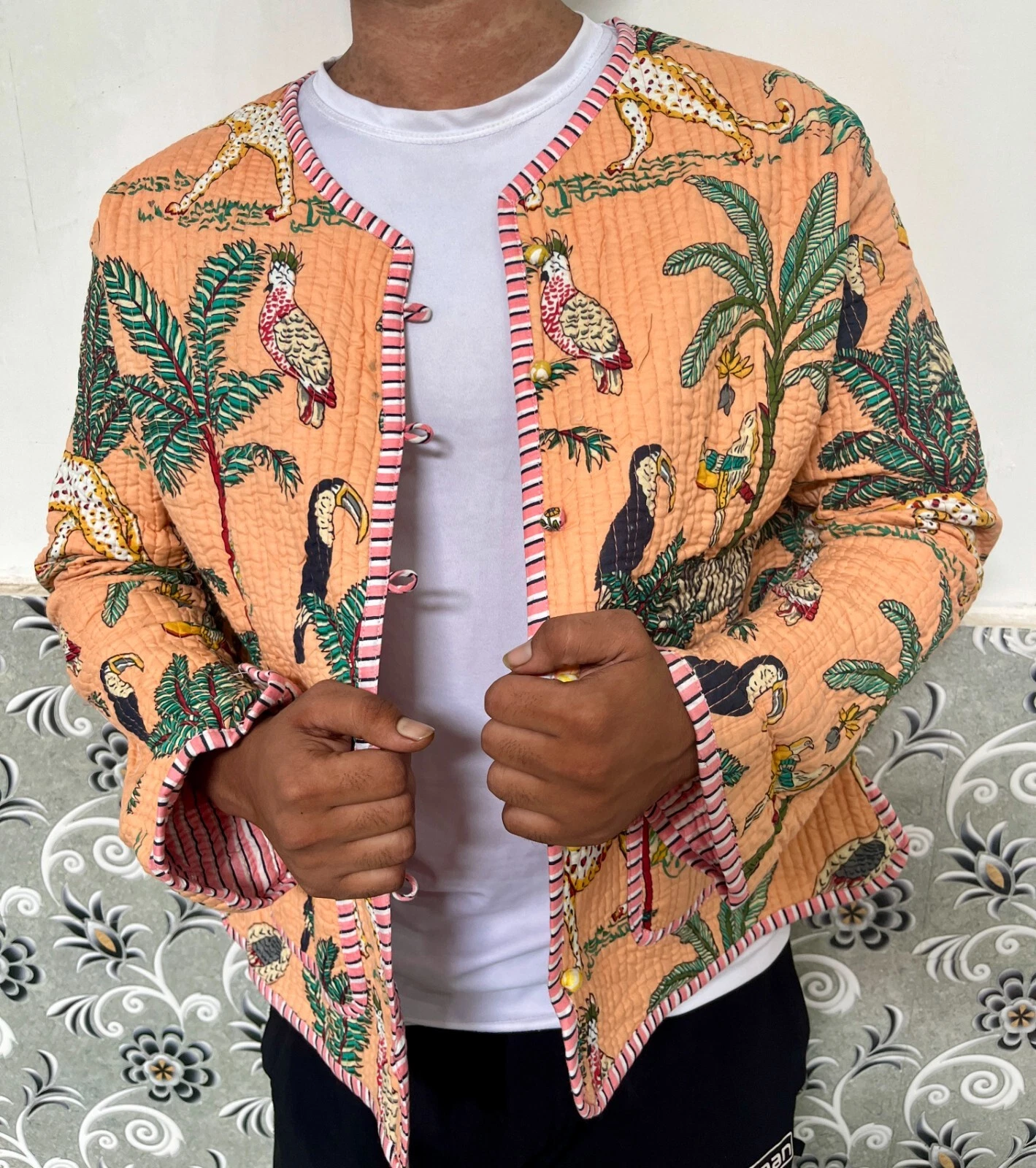 Indian Peach Tiger 100% Cotton Quilted Unisex Jacket Women's Clothing Jacket US