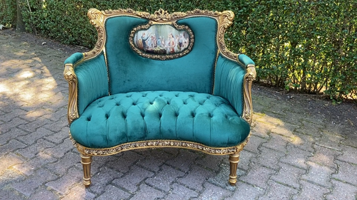 Sofa, Vintage Louis XVI, Refinished Green Velvet, Gold Leaf Beech, French 1960s - Video 1 of 1