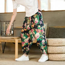 Men Tapered Baggy Pants Elastic Waist Jogging Trousers Bloomers Trousers Vintage