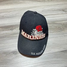 Vintage Marines Strap Back Hat Cap Black Embroidered USMC Military Retro EUC