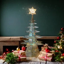 Punched TIN CHRISTMAS TREE, glass star. New 2025 -Table Top Lighted Tree 2 feet