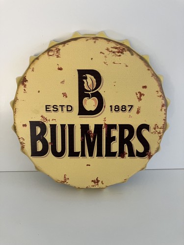 Bulmers Apfelwein Retro Sprossenwand Schild Metall Flaschenverschluss gelb Sommer 30cm Hausbar