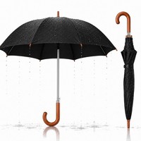 Men’s Black Automatic Stick Umbrella with Curved Wooden Handle