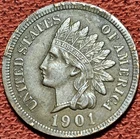 1901 Indian Head Cent Copper Coin 1C AU Full Liberty Diamonds