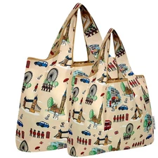 2 PCS Reusable Grocery Bags Large And Small Foldable Nylon Tote Set Shopping