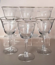 VTG SET OF 6 FOSTORIA “SUNGLOW” WINE/WATER GOBLETS ETCHED LEAF DESIGN W/GOLD RIM