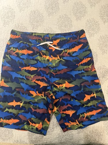 NWT Lands End Boys Size 10/12 Swim Trunks/navy Sharks