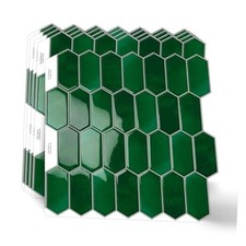 Long Hexagon Peel and Stick Tiles Backsplash,10 Sheets 3D Self Emerald Green