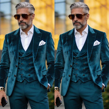 Tailored Men Suit Velvet Jacket Pants Vest Peak Lapel Business Office Prom 3Pcs