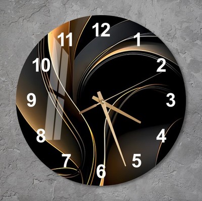 Glass Abstract Wall Clock Wall Art, Geometric Dark , Black and Gold Home Decor